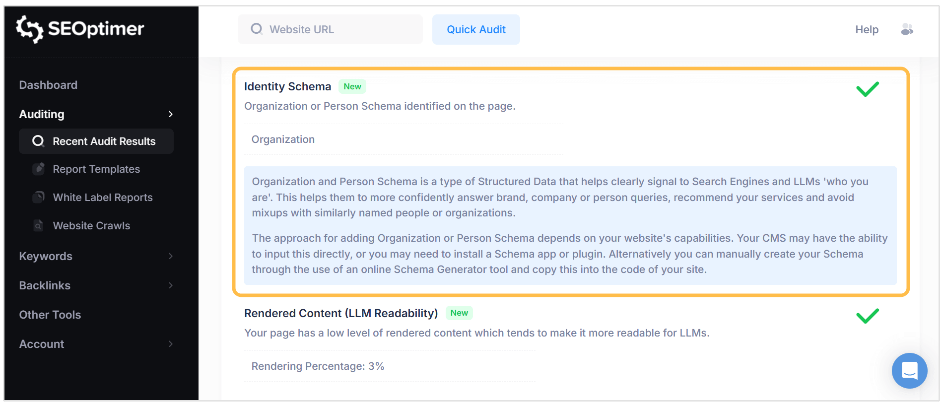 Validar esquema com uma auditoria de SEO da SEOptimer